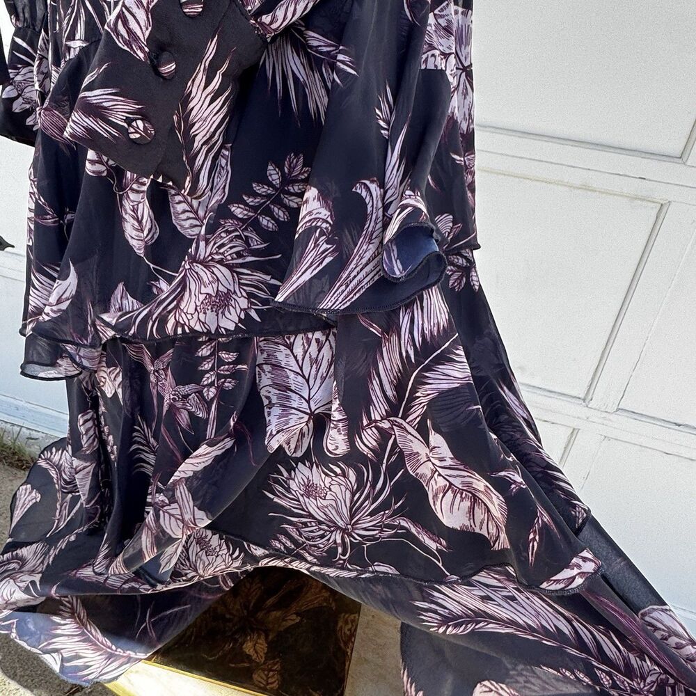 MARCHESSA NOTTE Dress Tiered Asymmetrical Hem Maxi Tie Long Sleeves Sz 10 Navy - Picture 6 of 13